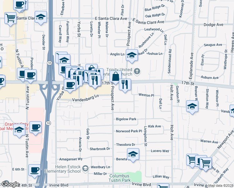 map of restaurants, bars, coffee shops, grocery stores, and more near 17852 17th Street in Tustin