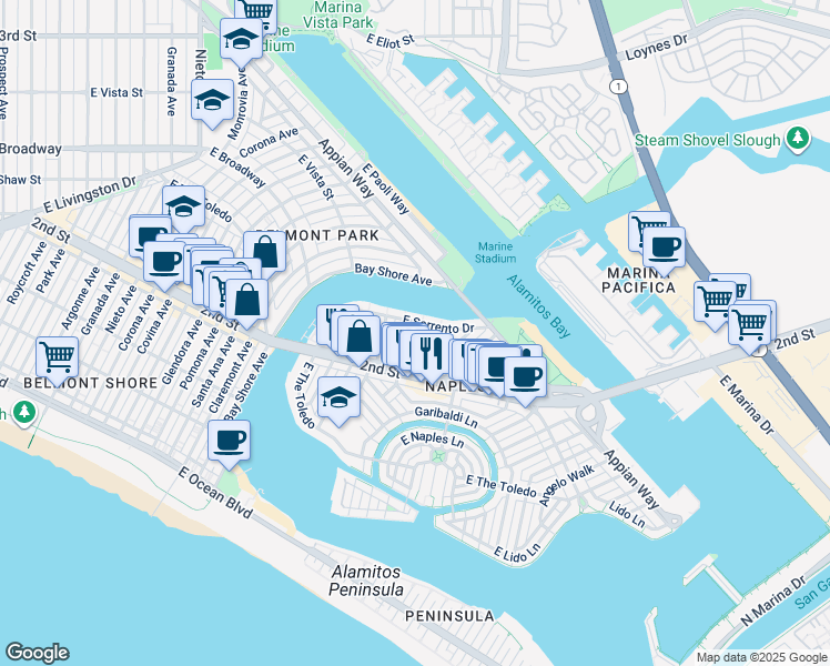 map of restaurants, bars, coffee shops, grocery stores, and more near 5545 East Sorrento Drive in Long Beach