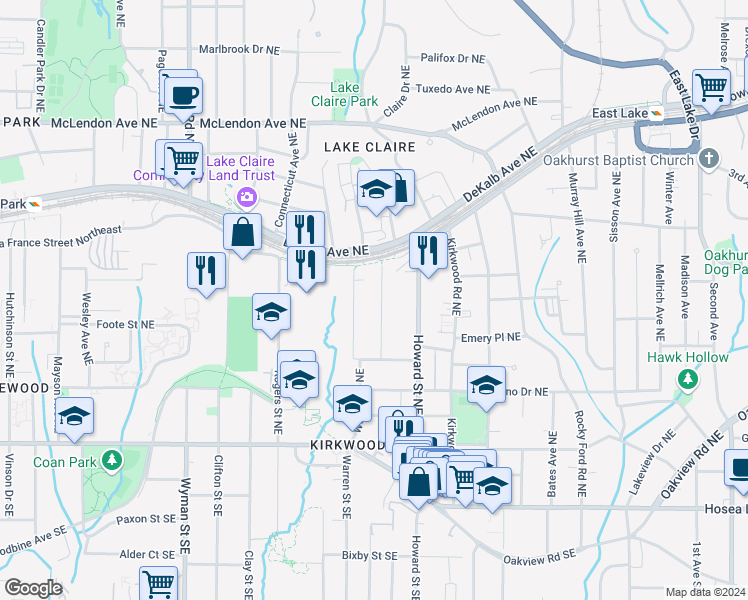 map of restaurants, bars, coffee shops, grocery stores, and more near 210 Locust Street Northeast in Atlanta