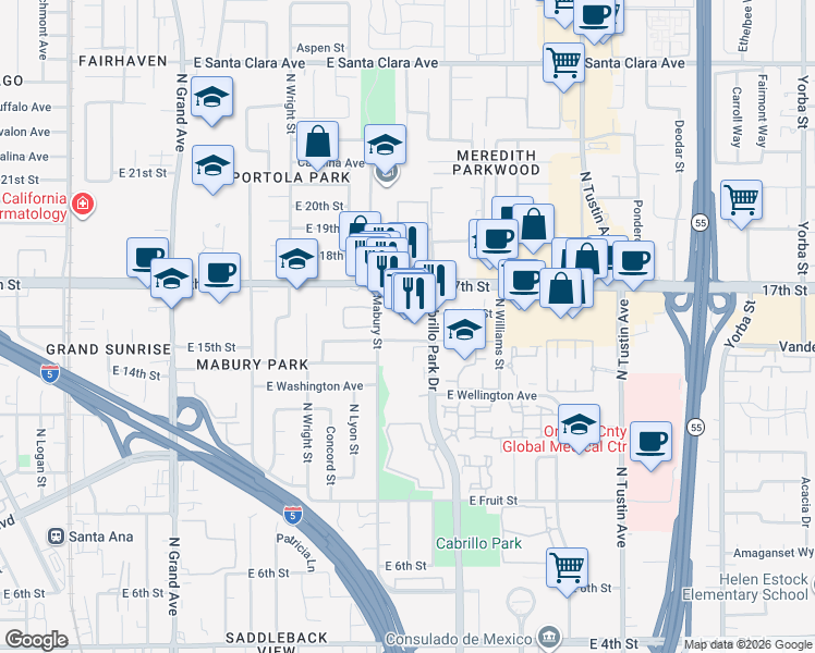 map of restaurants, bars, coffee shops, grocery stores, and more near 1730 17th Street in Santa Ana