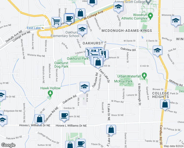 map of restaurants, bars, coffee shops, grocery stores, and more near 117 Maxwell Street in Decatur