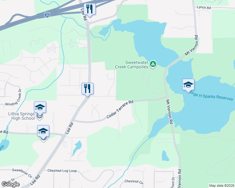 map of restaurants, bars, coffee shops, grocery stores, and more near 2210 Brookstone Drive in Lithia Springs