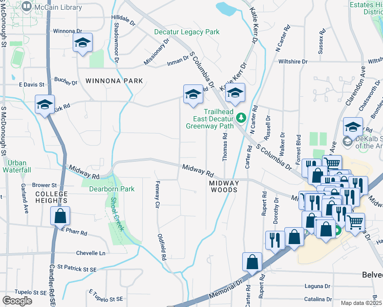 map of restaurants, bars, coffee shops, grocery stores, and more near 2667 East McKinnon Drive in Decatur