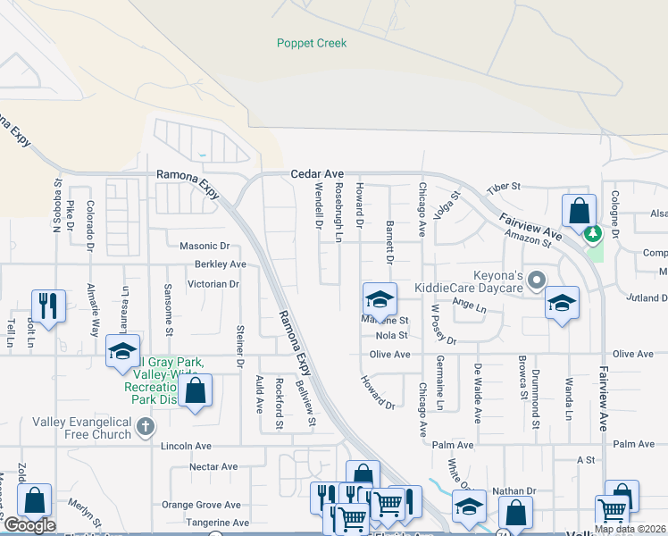 map of restaurants, bars, coffee shops, grocery stores, and more near 25005 Rosebrugh Lane in Hemet