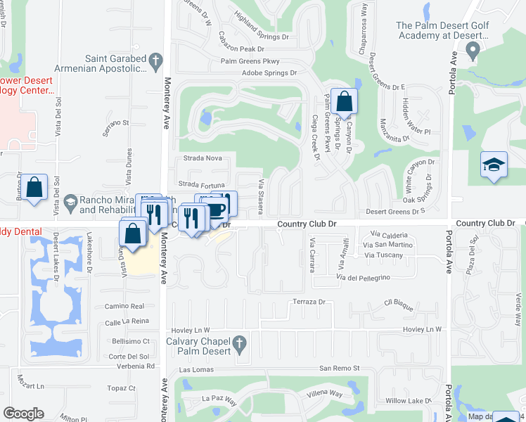 map of restaurants, bars, coffee shops, grocery stores, and more near 6373 Via Stasera in Palm Desert
