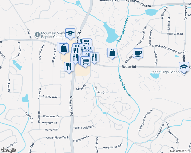 map of restaurants, bars, coffee shops, grocery stores, and more near 1350 Adcox Square in Stone Mountain