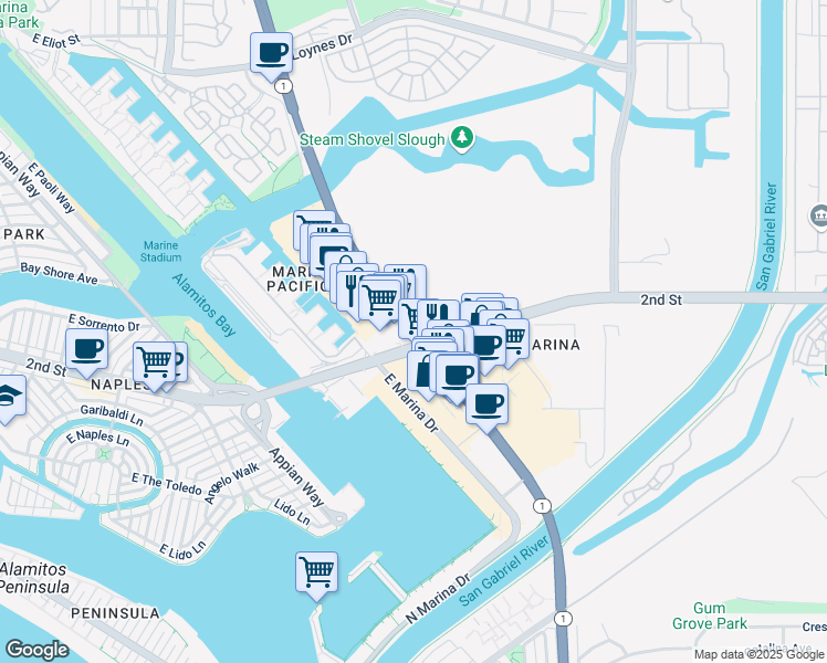 map of restaurants, bars, coffee shops, grocery stores, and more near 6398 Pacific Coast Highway in Long Beach