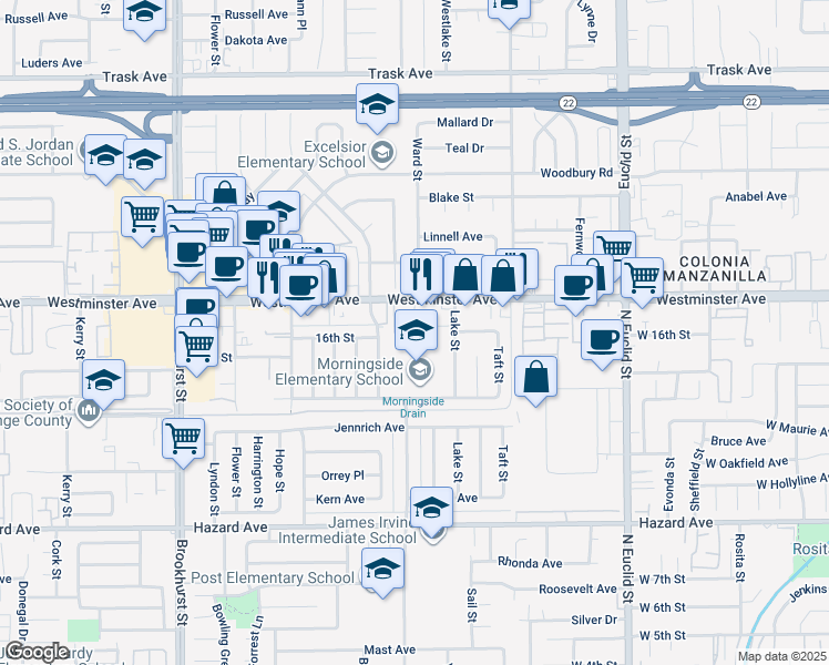 map of restaurants, bars, coffee shops, grocery stores, and more near 10542 Westminster Avenue in Garden Grove