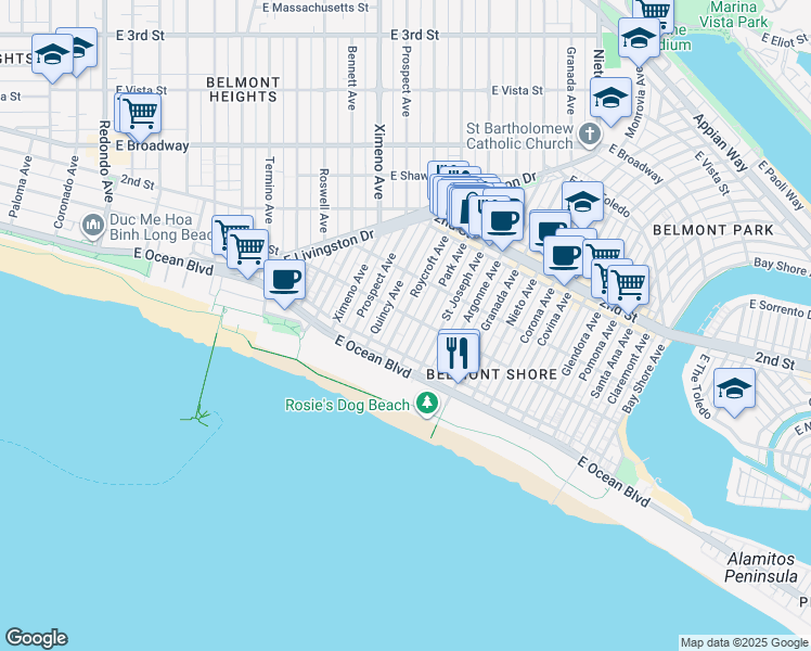 map of restaurants, bars, coffee shops, grocery stores, and more near 70 Roycroft Avenue in Long Beach