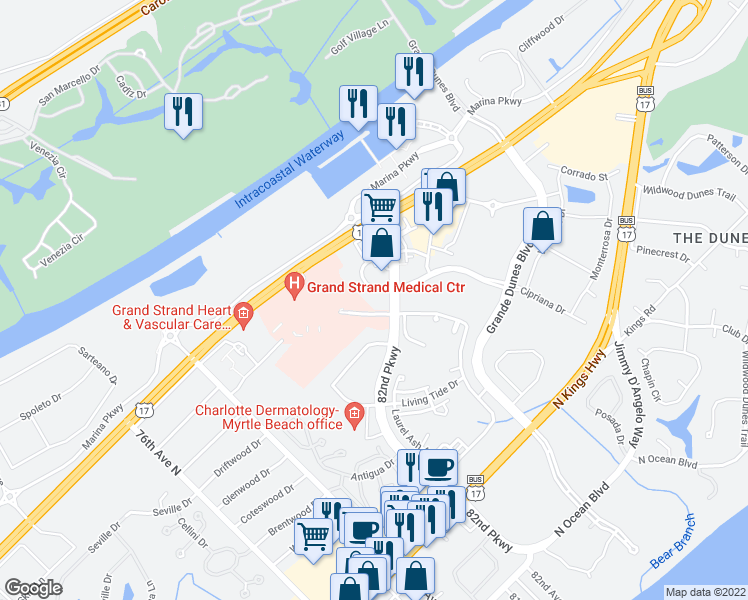 map of restaurants, bars, coffee shops, grocery stores, and more near 901 Medical Circle in Myrtle Beach