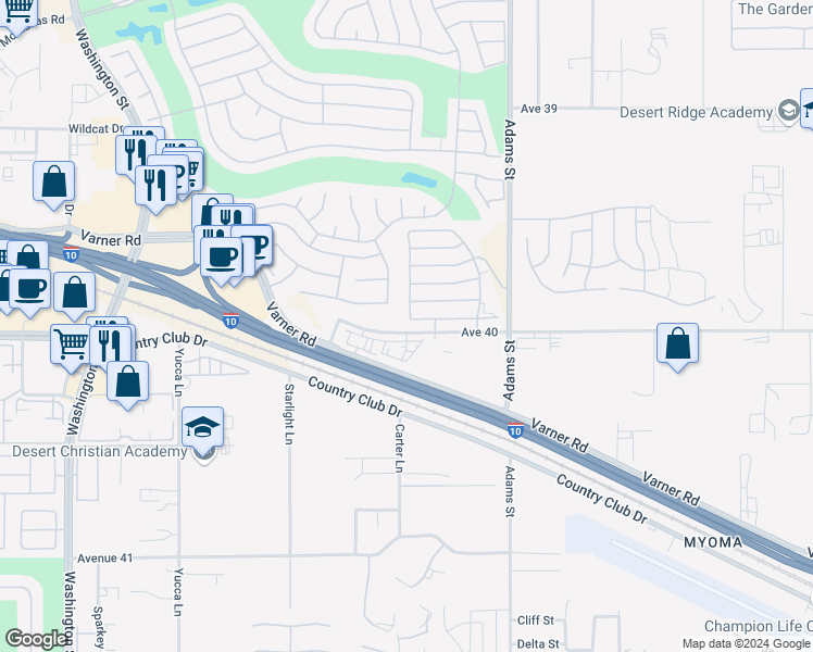 map of restaurants, bars, coffee shops, grocery stores, and more near 39995 Alba Way in Palm Desert