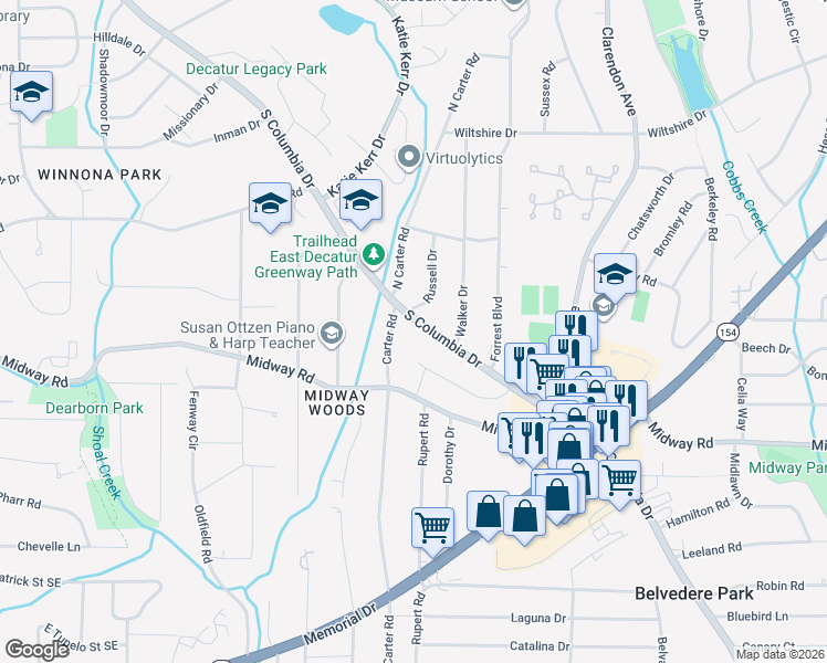 map of restaurants, bars, coffee shops, grocery stores, and more near 960 South Columbia Drive in Decatur