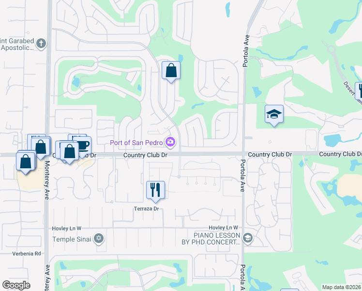 map of restaurants, bars, coffee shops, grocery stores, and more near 39800 Desert Greens Drive South in Palm Desert