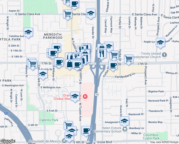 map of restaurants, bars, coffee shops, grocery stores, and more near Deodar Street in Santa Ana