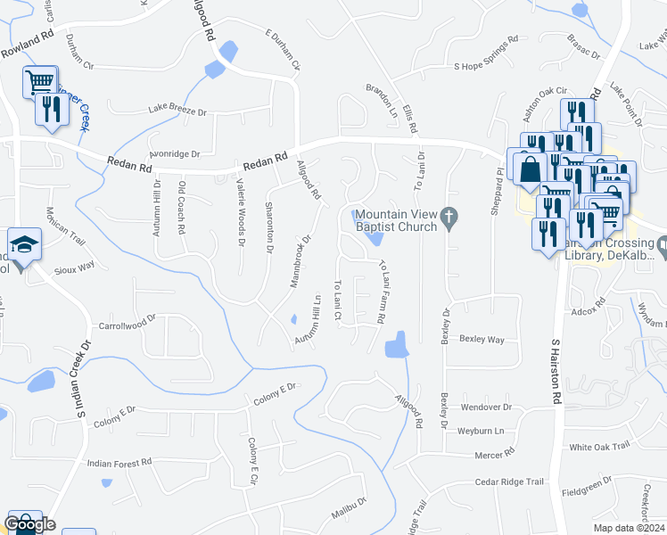 map of restaurants, bars, coffee shops, grocery stores, and more near 1207 To Lani Court in Stone Mountain