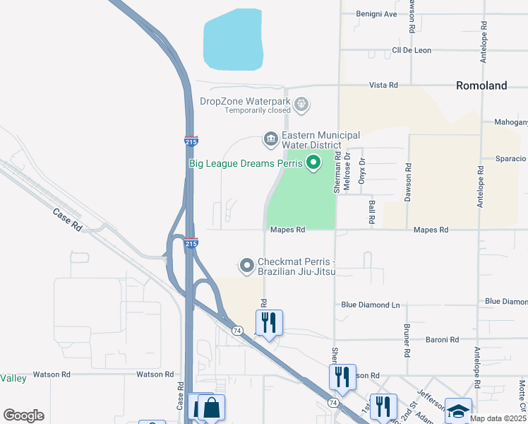 map of restaurants, bars, coffee shops, grocery stores, and more near 2165 Trumble Road in Perris