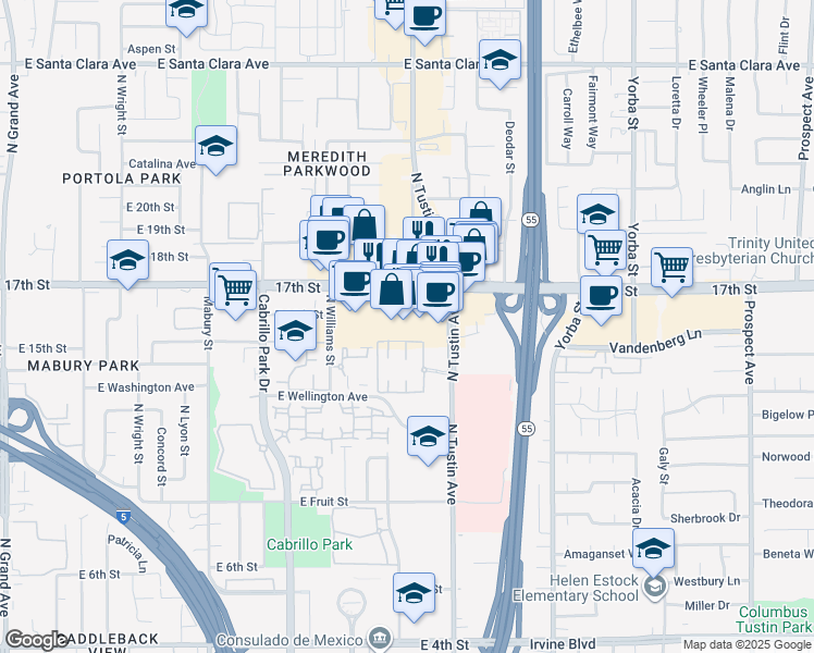 map of restaurants, bars, coffee shops, grocery stores, and more near 2222 17th Street in Santa Ana
