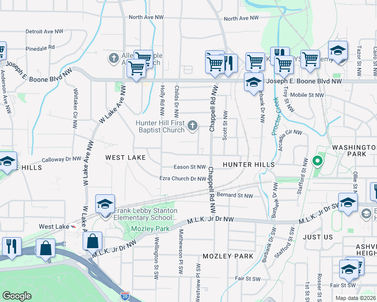 map of restaurants, bars, coffee shops, grocery stores, and more near 1453 Akridge Street Northwest in Atlanta