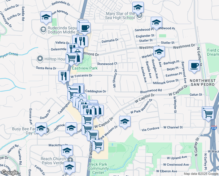map of restaurants, bars, coffee shops, grocery stores, and more near 28708 Mount Sawtooth Drive in Rancho Palos Verdes