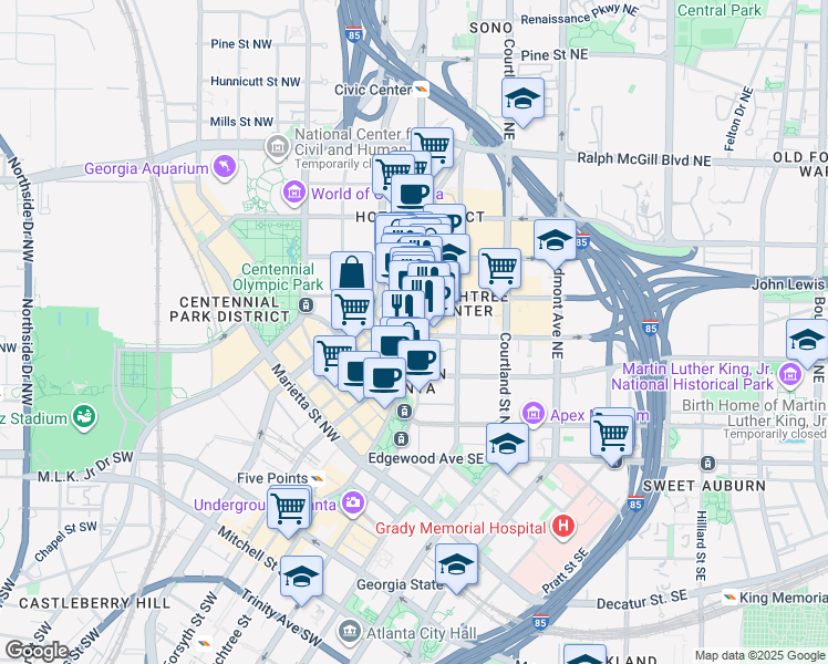 map of restaurants, bars, coffee shops, grocery stores, and more near 180 Peachtree Street Northwest in Atlanta