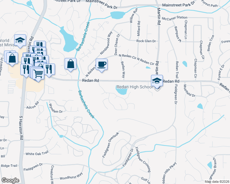 map of restaurants, bars, coffee shops, grocery stores, and more near 1236 Mill Lake Circle in Stone Mountain