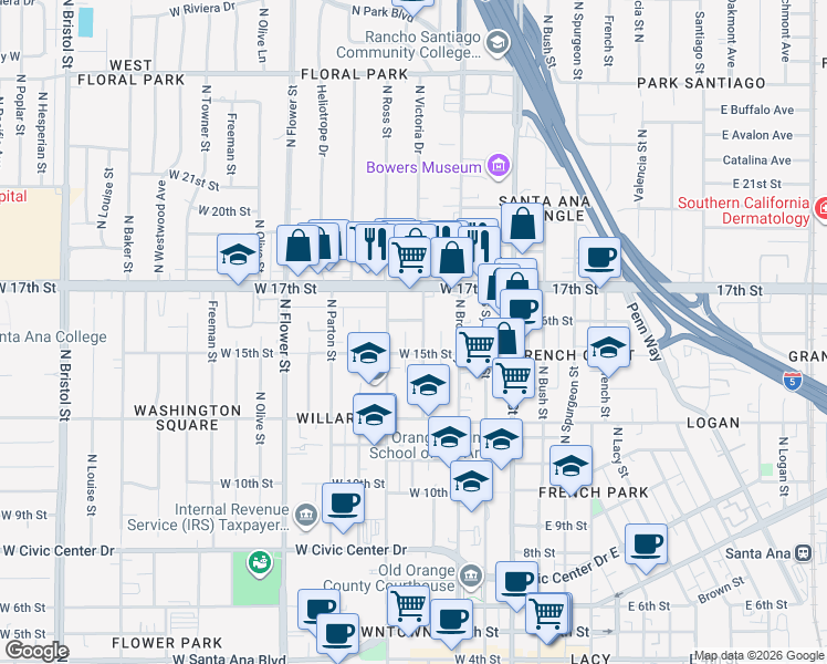 map of restaurants, bars, coffee shops, grocery stores, and more near 412 West 16th Street in Santa Ana
