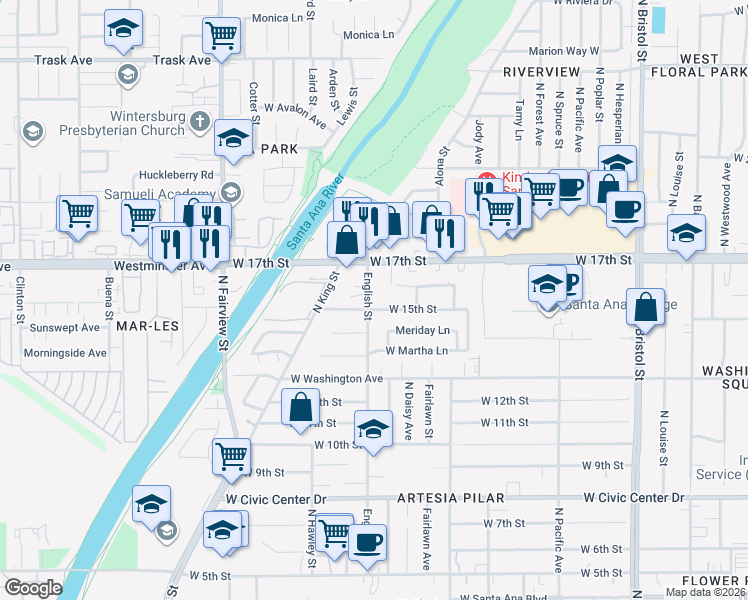 map of restaurants, bars, coffee shops, grocery stores, and more near 1516 English Street in Santa Ana