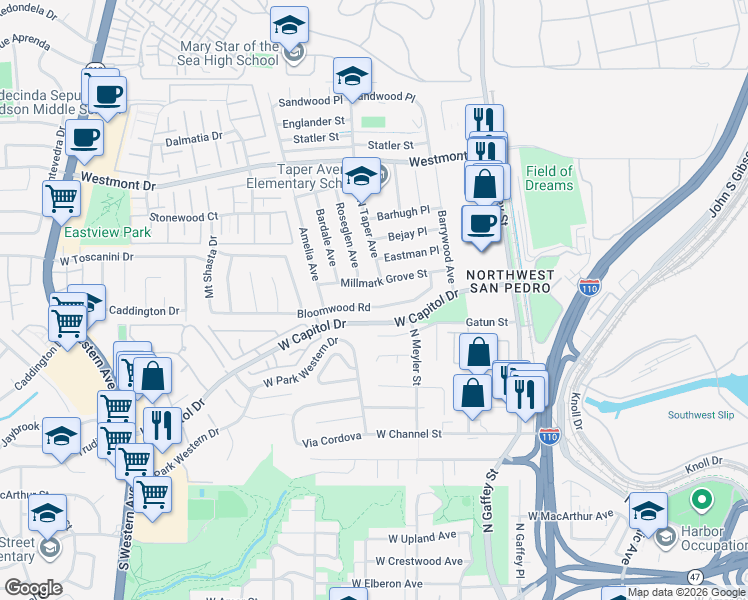 map of restaurants, bars, coffee shops, grocery stores, and more near 1017 Millmark Grove Street in Los Angeles