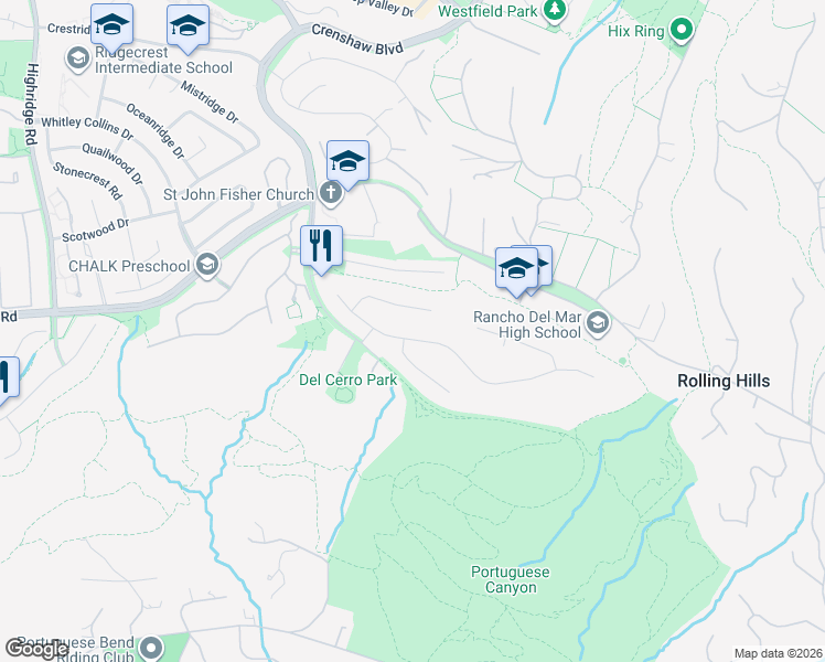 map of restaurants, bars, coffee shops, grocery stores, and more near 14 Crestwind Drive in Rancho Palos Verdes