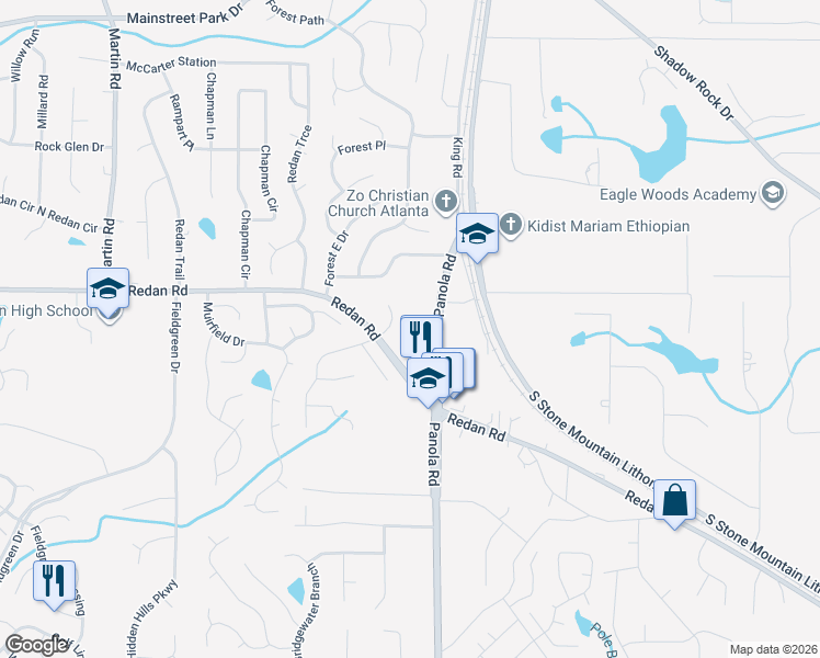 map of restaurants, bars, coffee shops, grocery stores, and more near 1184 Dustin Court in Stone Mountain