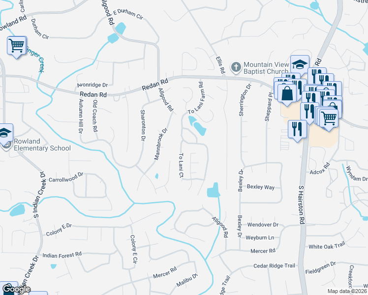 map of restaurants, bars, coffee shops, grocery stores, and more near 1234 To Lani Farm Road in Stone Mountain