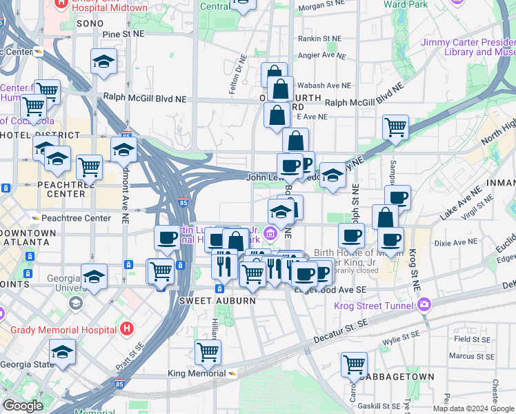 map of restaurants, bars, coffee shops, grocery stores, and more near 409 John Wesley Dobbs Avenue Northeast in Atlanta