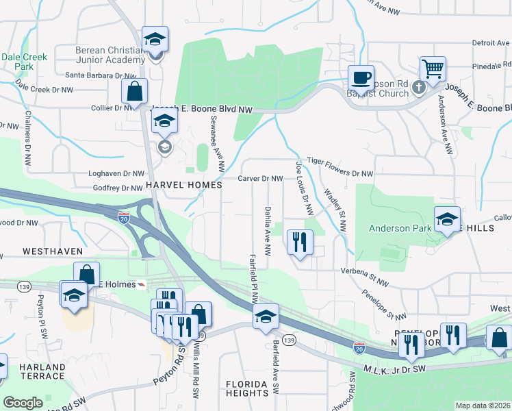 map of restaurants, bars, coffee shops, grocery stores, and more near 159 Fairfield Place Northwest in Atlanta