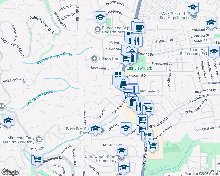 map of restaurants, bars, coffee shops, grocery stores, and more near 28533 Vista Madera in Rancho Palos Verdes