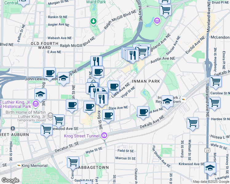 map of restaurants, bars, coffee shops, grocery stores, and more near 806 Lake Avenue Northeast in Atlanta