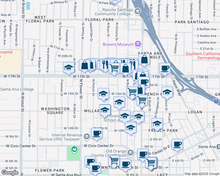 map of restaurants, bars, coffee shops, grocery stores, and more near 1519 North Ross Street in Santa Ana