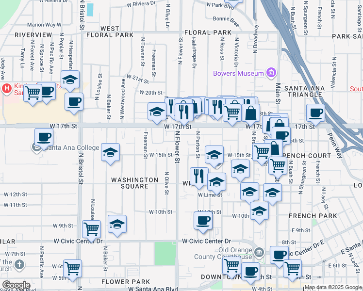 map of restaurants, bars, coffee shops, grocery stores, and more near 1601 North Flower Street in Santa Ana