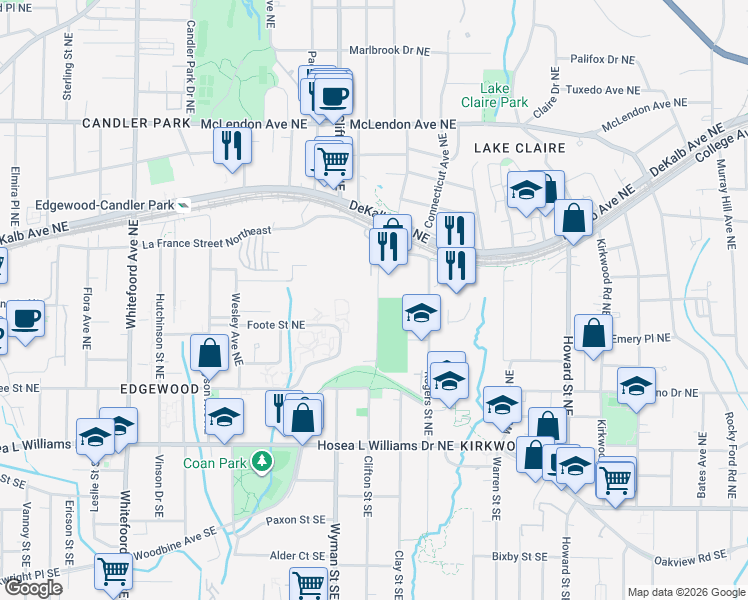 map of restaurants, bars, coffee shops, grocery stores, and more near 130 Arizona Avenue Northeast in Atlanta