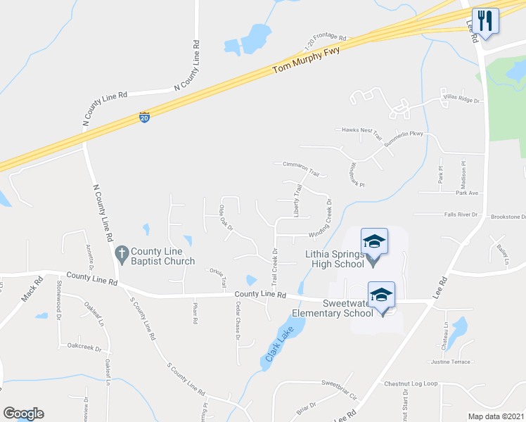 map of restaurants, bars, coffee shops, grocery stores, and more near 2732 Woodbine Trail in Lithia Springs