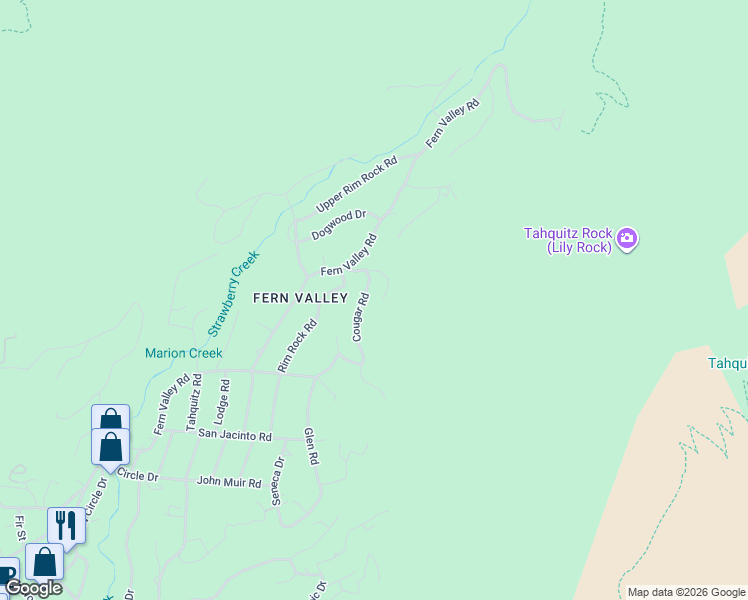 map of restaurants, bars, coffee shops, grocery stores, and more near 25037 Cougar Road in Idyllwild-Pine Cove