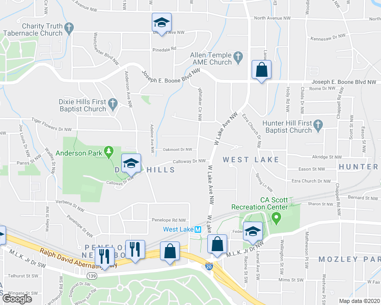 map of restaurants, bars, coffee shops, grocery stores, and more near 1800 Oakmont Drive Northwest in Atlanta