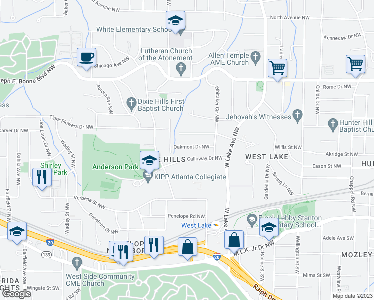 map of restaurants, bars, coffee shops, grocery stores, and more near 1854 Oakmont Drive Northwest in Atlanta