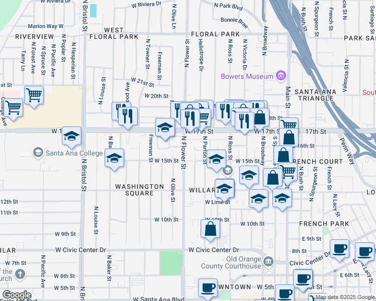 map of restaurants, bars, coffee shops, grocery stores, and more near 1605 North Flower Street in Santa Ana