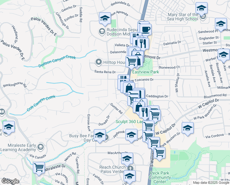map of restaurants, bars, coffee shops, grocery stores, and more near 28647 Vista Madera in Rancho Palos Verdes