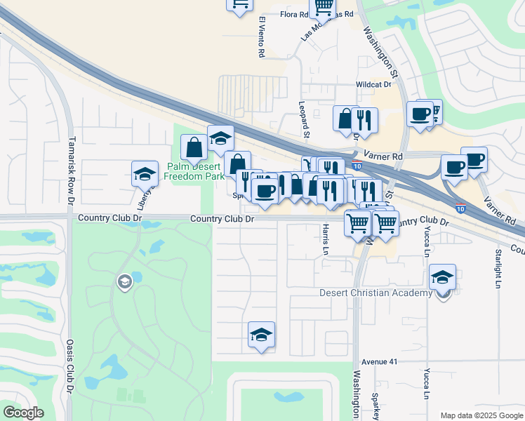 map of restaurants, bars, coffee shops, grocery stores, and more near 77622 Springfield Lane in Palm Desert