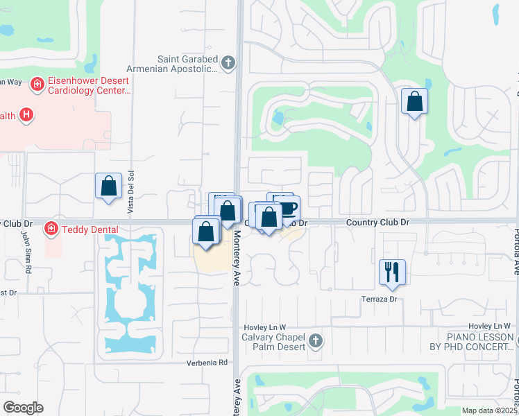 map of restaurants, bars, coffee shops, grocery stores, and more near 39905 Via Scena in Palm Desert