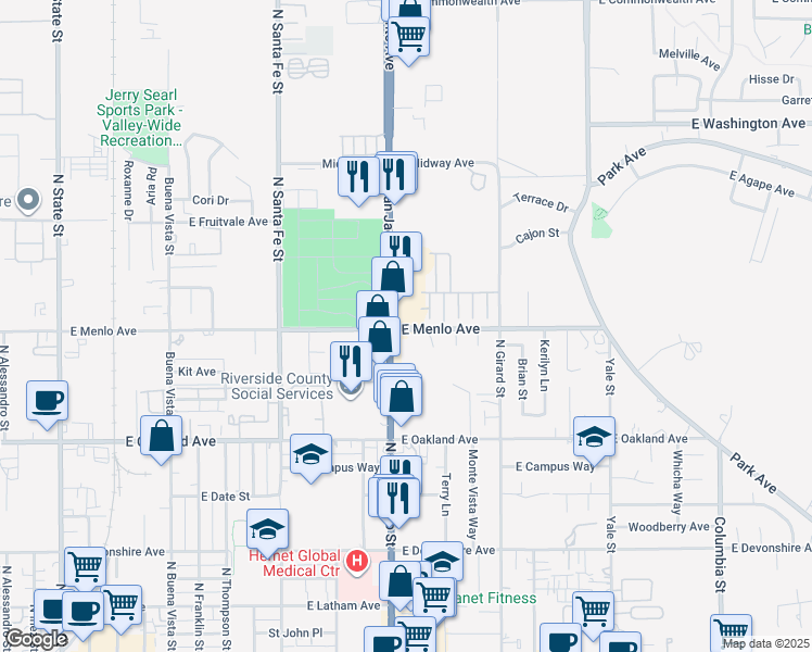 map of restaurants, bars, coffee shops, grocery stores, and more near 2599 South San Jacinto Avenue in San Jacinto