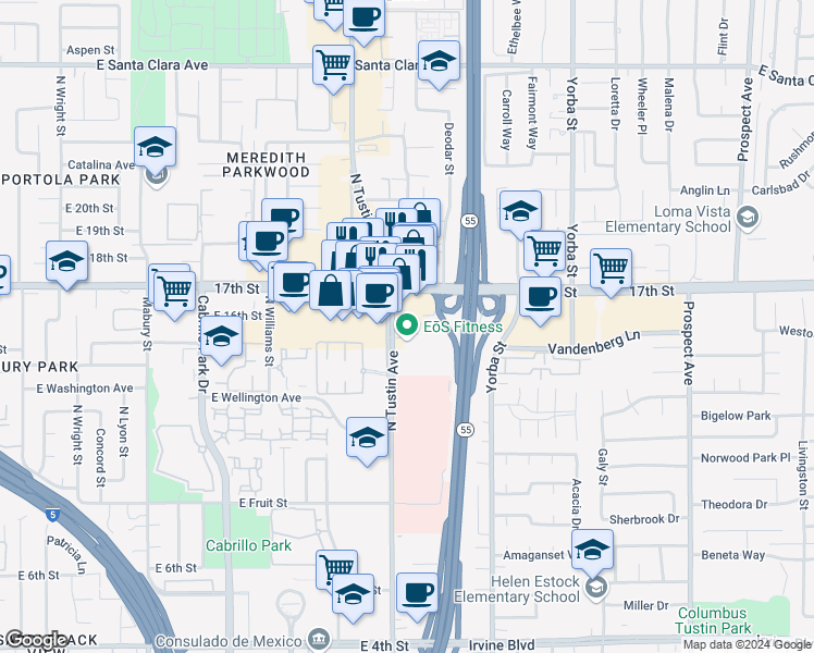 map of restaurants, bars, coffee shops, grocery stores, and more near 1601 North Tustin Avenue in Santa Ana