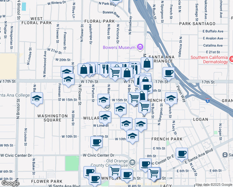 map of restaurants, bars, coffee shops, grocery stores, and more near 412 West 16th Street in Santa Ana