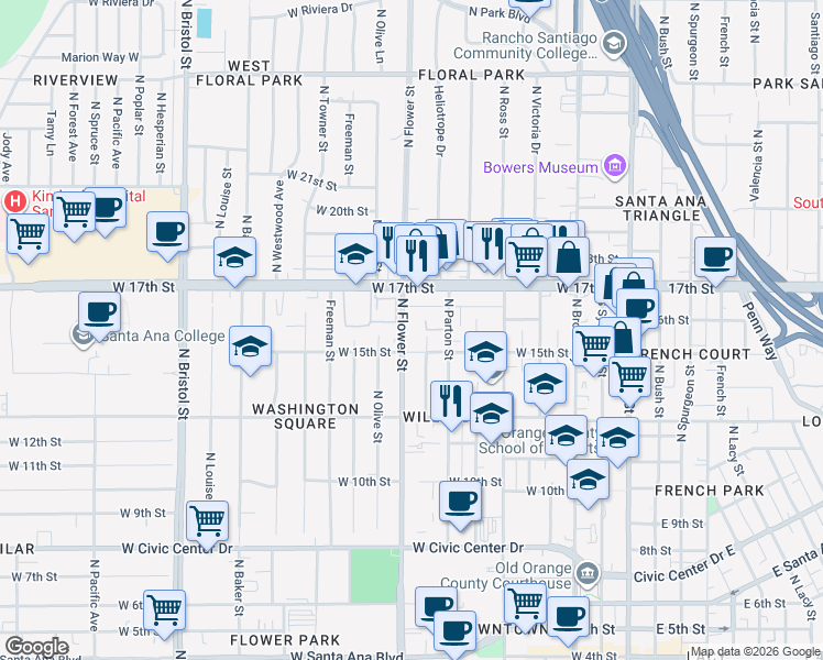 map of restaurants, bars, coffee shops, grocery stores, and more near 1605 North Flower Street in Santa Ana